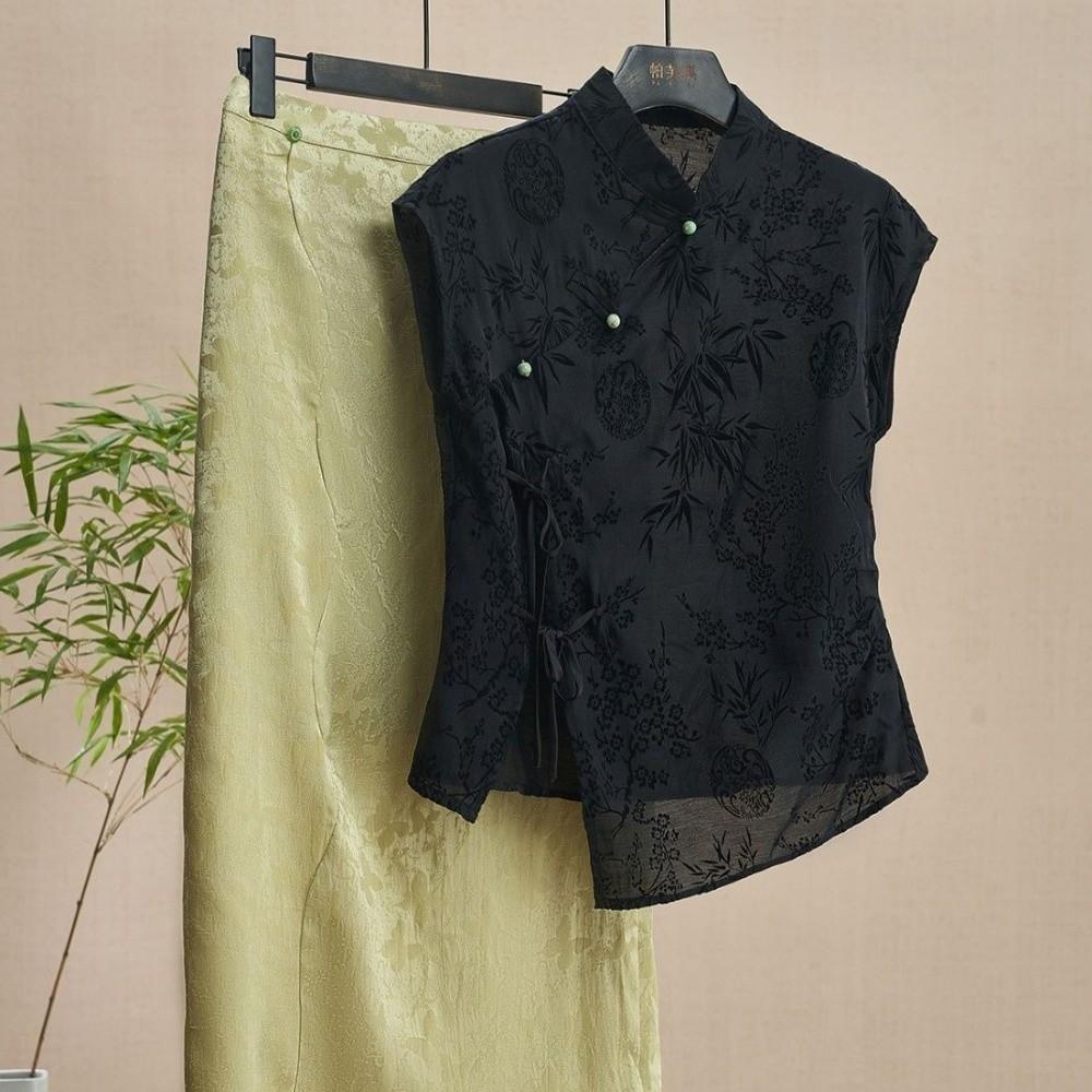 Short Sleeve Cheongsam T-Shirt Jacquard Weave Slanting Lapel Top Summer Outfit