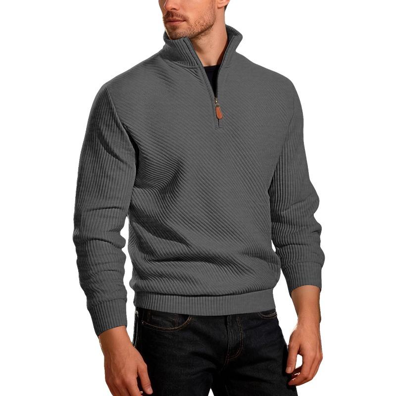 Men's Twill Jacquard Ribbed Half Zip Sweatshirt, Long Sleeve Stand Collar Sport Casual Trendy Pullover Hoodie for Autumn Winter