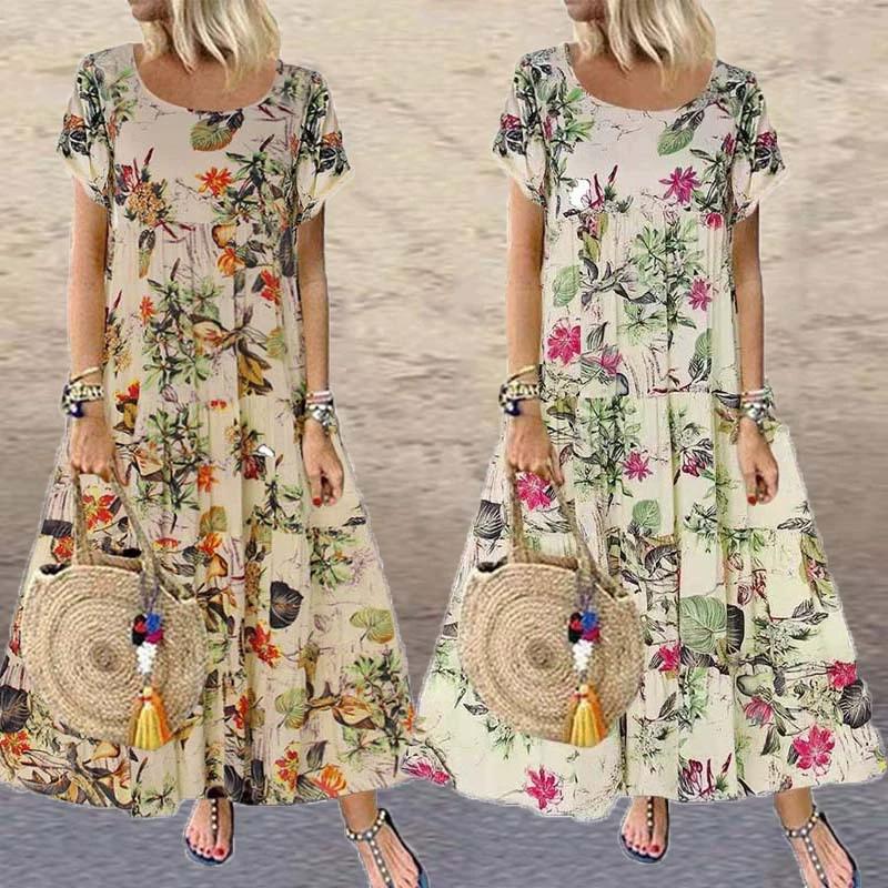 Women's Summer Maxi Dress O-Neck Short Sleeve Long Dress Loose Flower Pattern Print Big Swing Dress