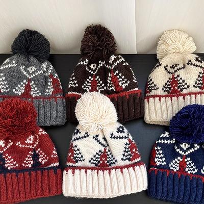 Herbst und Winter Neue Retro Jacquard Mütze für Damen Ohrenschutz Kälteschutz Stirnband Mütze Kleine Bommel Strickmütze mit Gesicht,