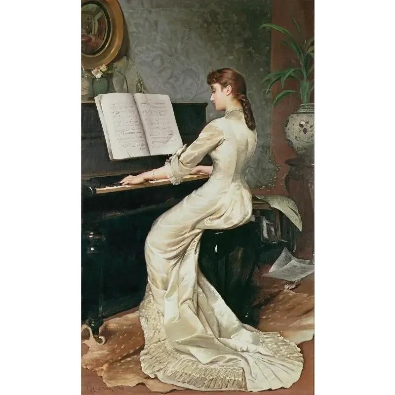 Vintage Play Piano Girls Aesthetic Canvas Painting Posters and Prints Wall Art Picture For Living Room Decoration