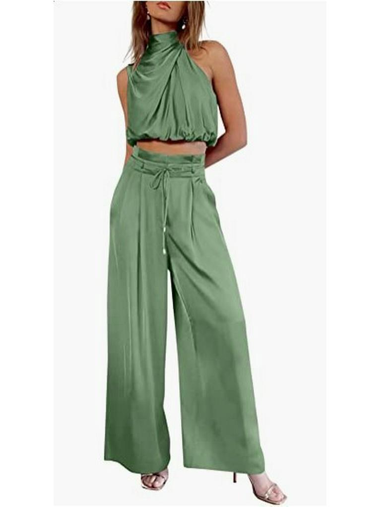 Damen Ärmelloses Stehkragen Crop Top & Weitbein Hose Set