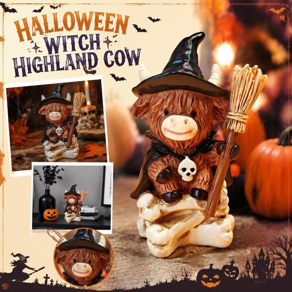 Halloween Witch Cow Resin Figurine with and Pumpkin, Cute Home Decor Ornament for Party