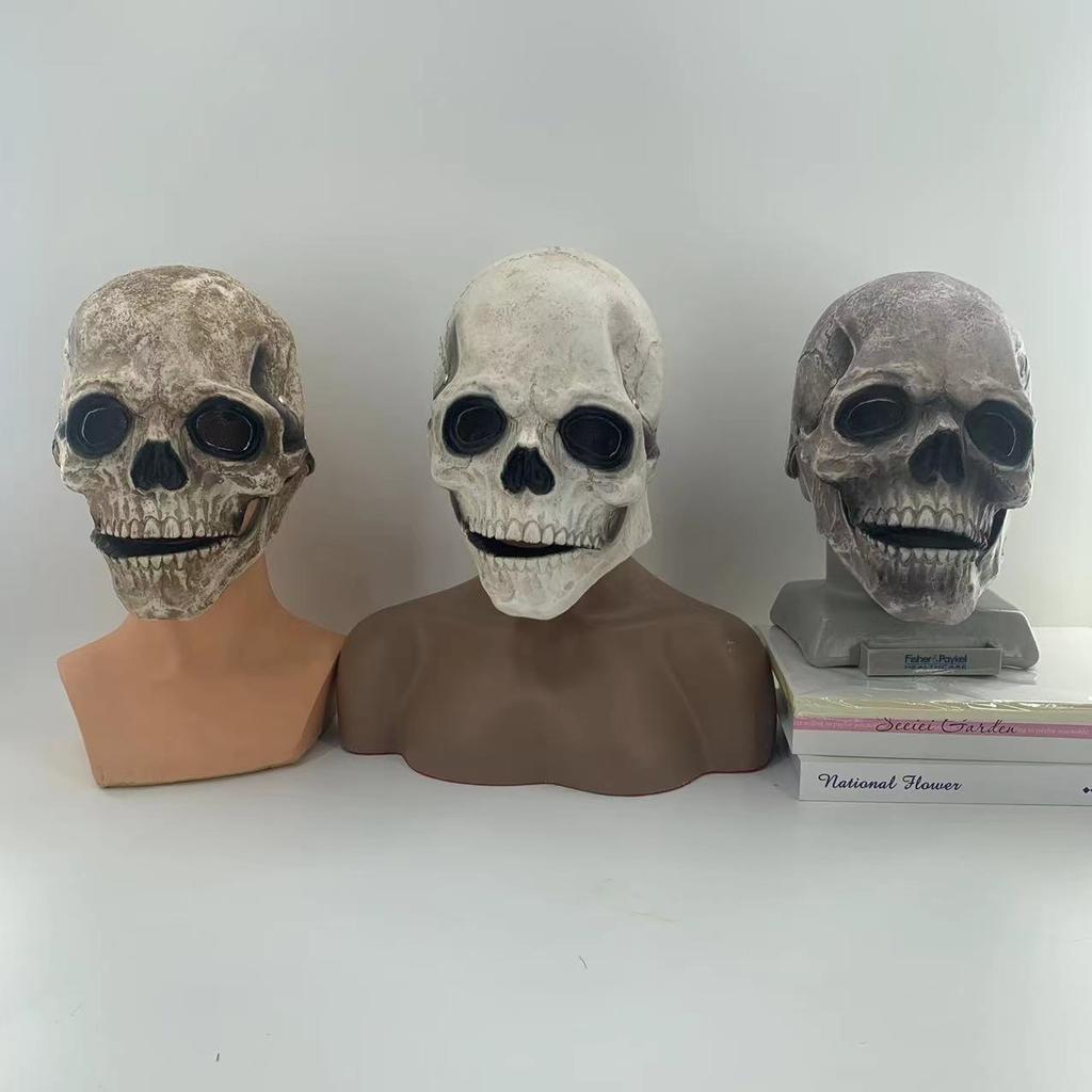 Realistic Full-Head Moving Jaw Latex Skull Mask Reusable Horror Skeleton Costume for Halloween Party Haunted Funny Party Mask