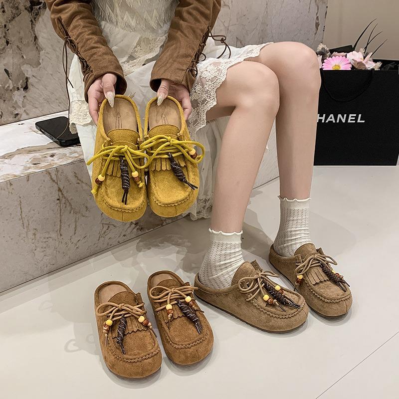 Hausschuhe Damen dicker Boden erhöht in der Höhe, Sommer neu retro ethnisch ein Pedal Lazy Bag Kopf halbe Hausschuhe