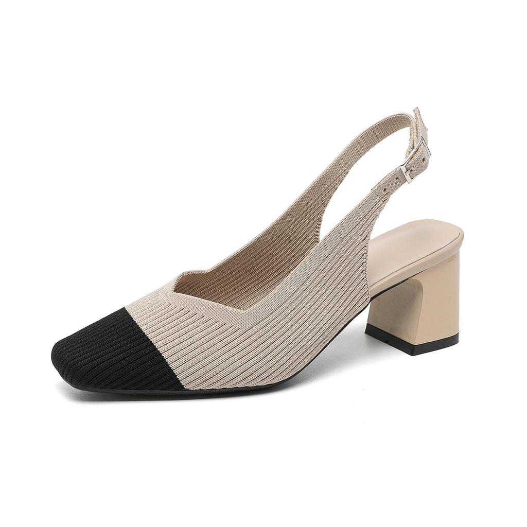 Baotou Sandals for Womens Summer New Solid Color Breathable Square Head Shallow Mouth Heel with Mixed High Heels Women's Sandals