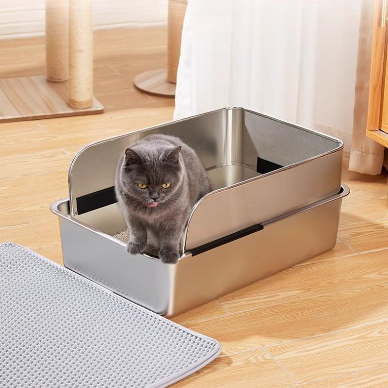 2025 Stainless Steel Cat Litter Box Non-Stick Semi-Enclosed Cat Bedpans Odor-Proof & Anti-Splash Pet Toilet with High Sides