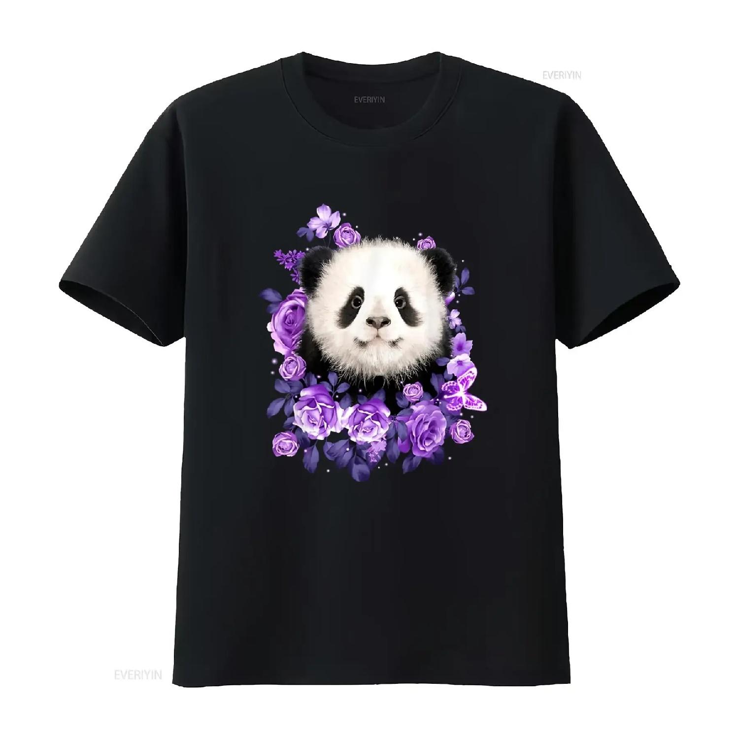 

Cute Panda Purple Flowers Lovers T Shirt vintage Washed Unisex Stylish Comfortable homme fashion Casual Top For Everyday Wear XXXXXL чорний