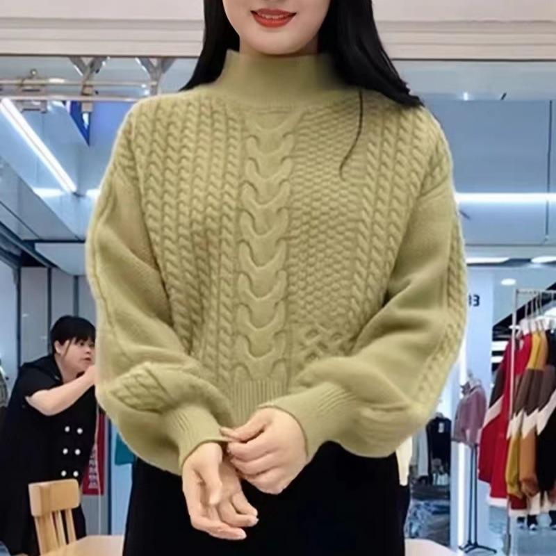 

Fashion temperament semi-turtleneck lazy wind lantern sleeve sweater women s autumn and winter gentle temperament age-reducing and thin knitted top One size