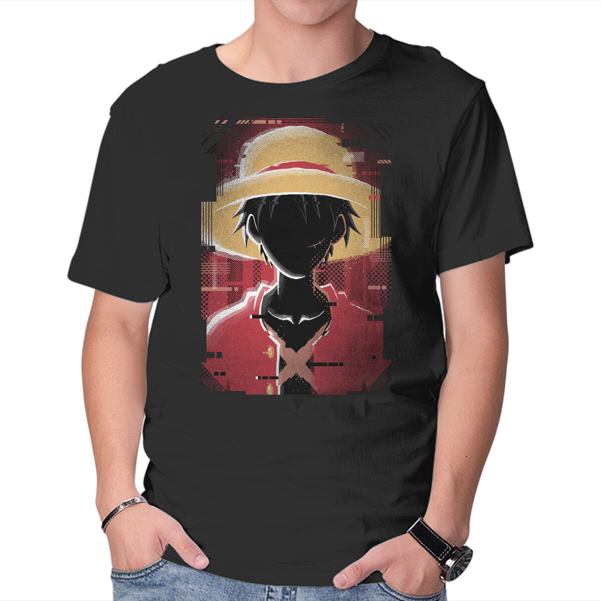 Unisex Crew Neck T-Shirt Luffy Glitch Graphic Short Sleeve Casual Tee XXXXL