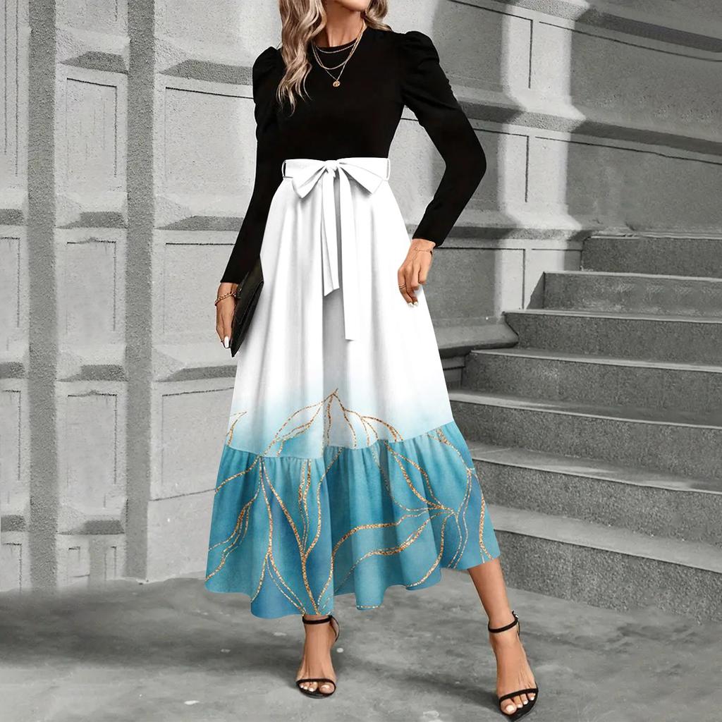 Women's Floral Print High Waist Fashionable And Elegant Dress