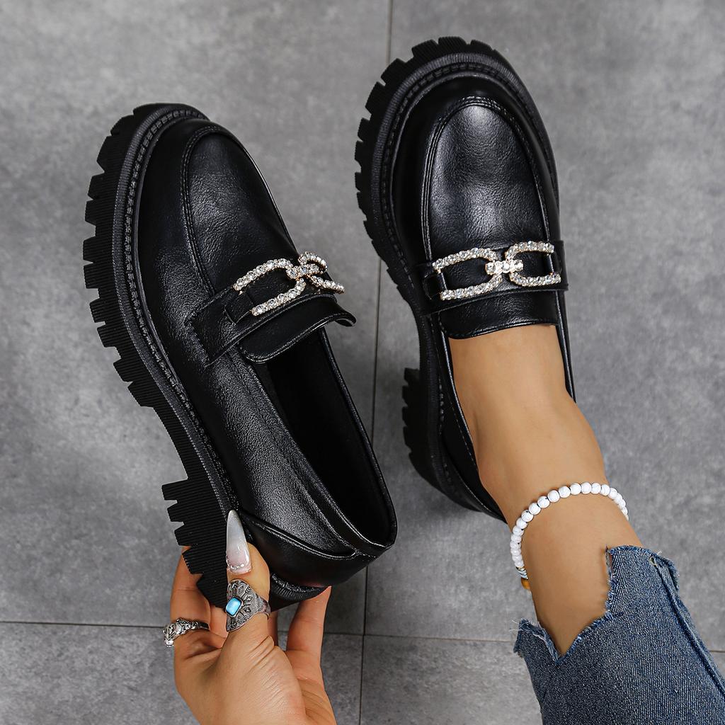 Large Size Small Leather Shoes Women's Spring and Autumn Thick-soled British Women's Shallow Mouth Rhinestone Buckle Single Shoes Women