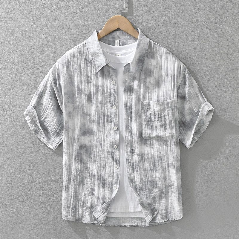 Summer Fresh Ice Silk Linen Short sleeve Shirts Men's Loose Casual Print Beach Cotton and Linen Shirt Quick-Drying Thin