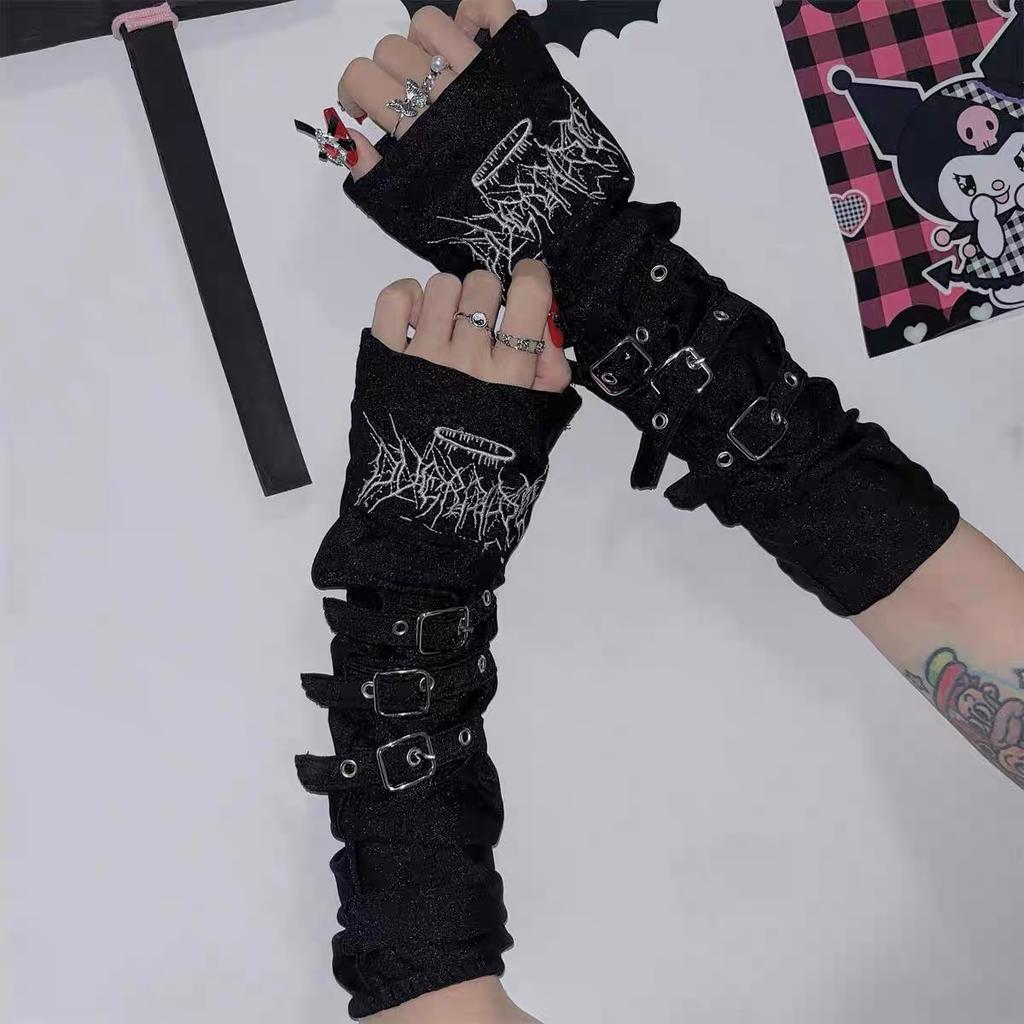 Gothic Lolita Embroidery Strap Black White Arm Sleeves Woman Japanese Style Adjustable Metal Buckle Punk Gloves Arm Cover