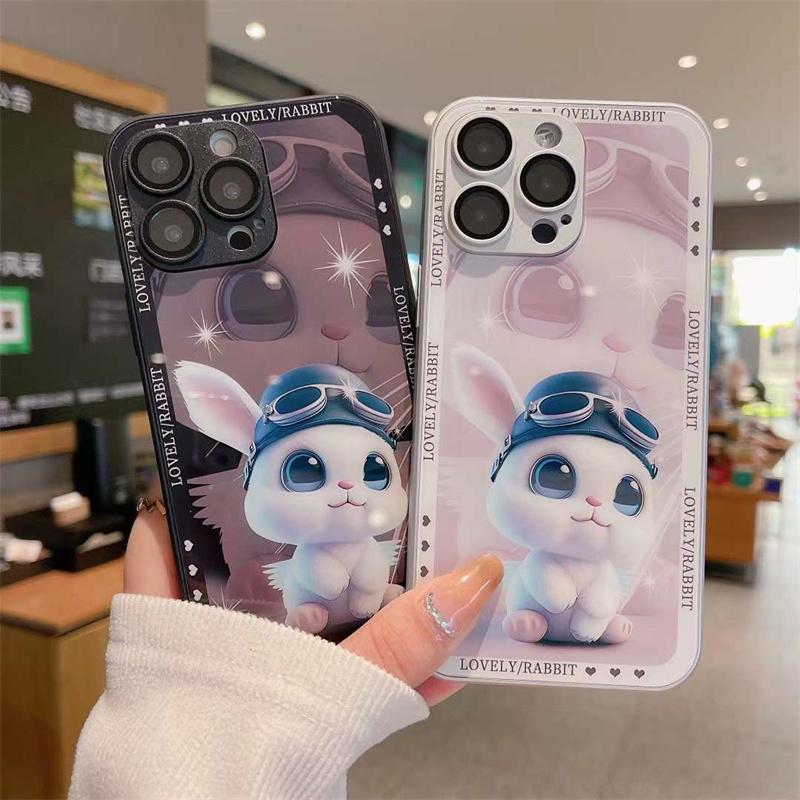 Cute Rabbit Metallic Paint Tempered Glass Phone Case For iPhone 15 14 13 12 11 Pro Max Shockproof Cover