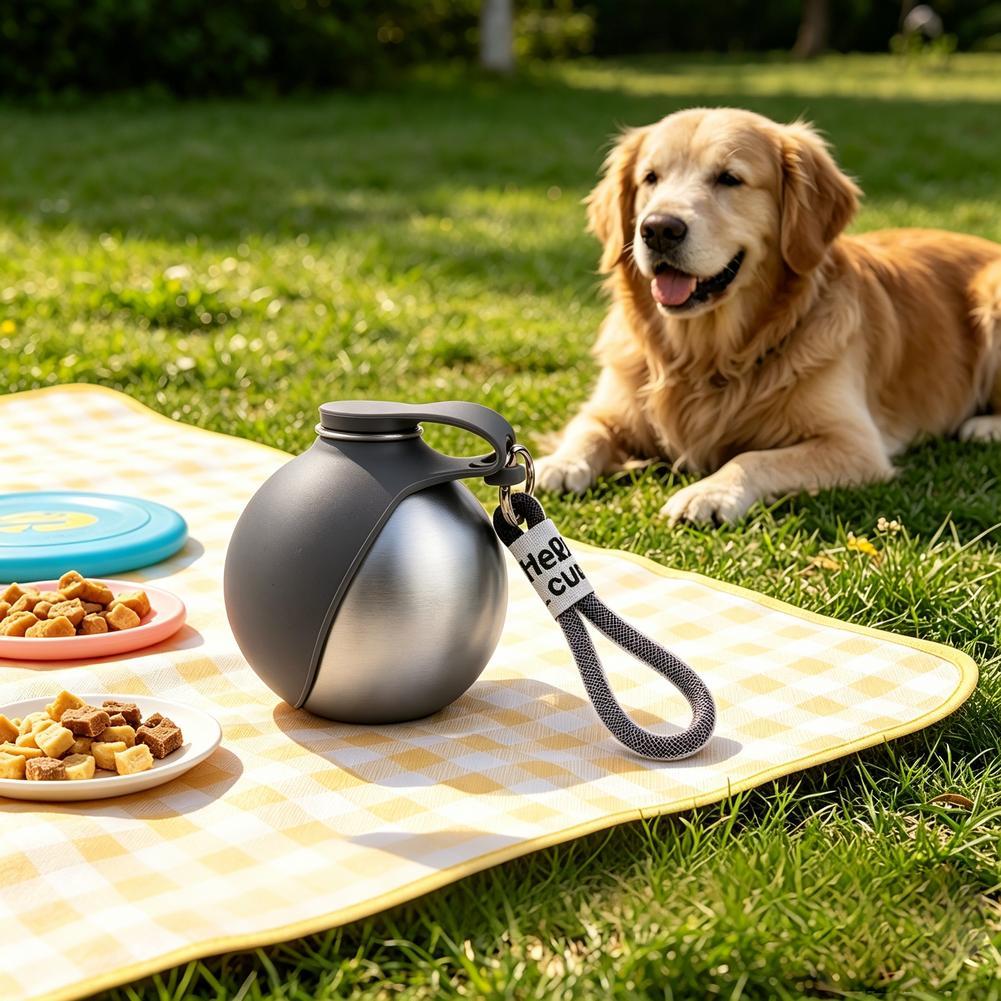 304 Stainless Steel Pet Kettle Round Outdoor Water Cup Outdoor Cat And Dog Hanging Rope Portable Folding Water Dispenser