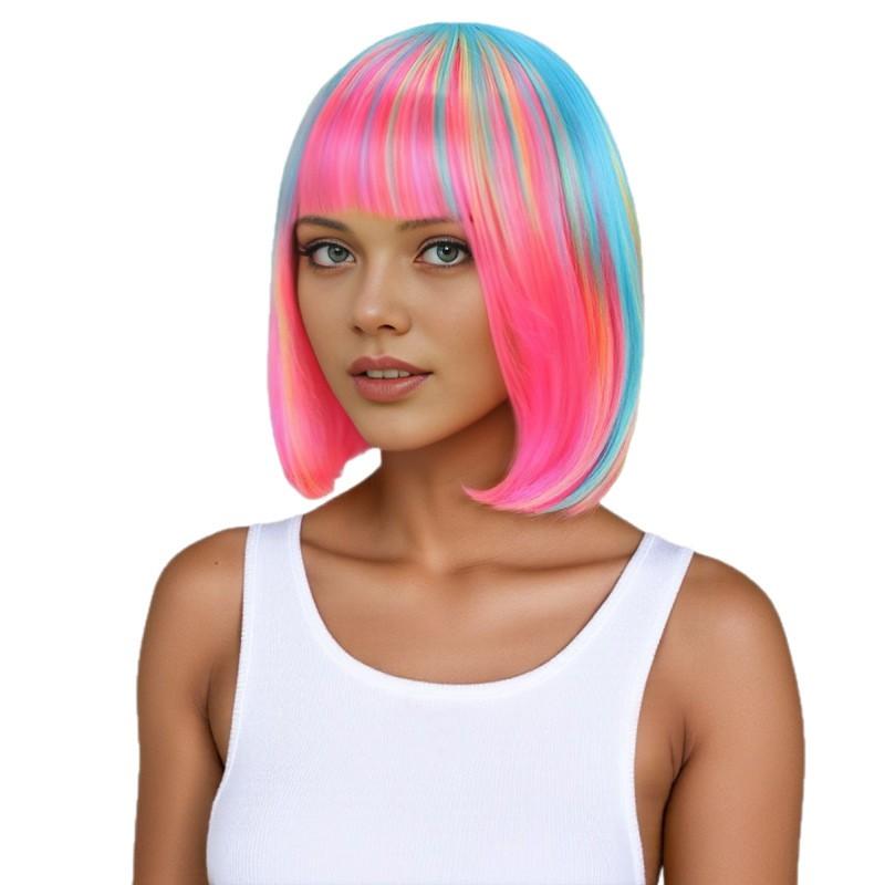 Colorful Bob Wig With Air Bangs Halloween Cosplay Party Short Synthetic