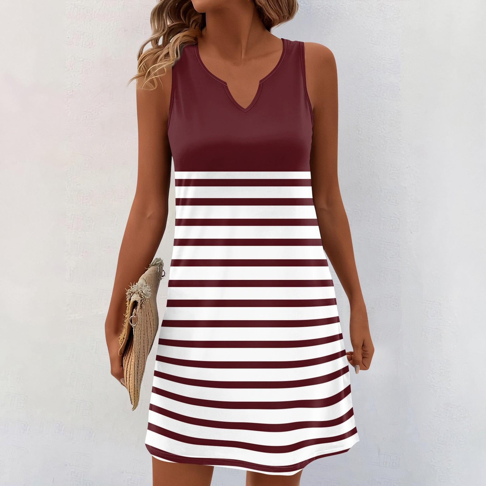 

Жіночі літні сукні з V-подібним вирізом і принтом без рукавів. Повсякденна сукня S винний