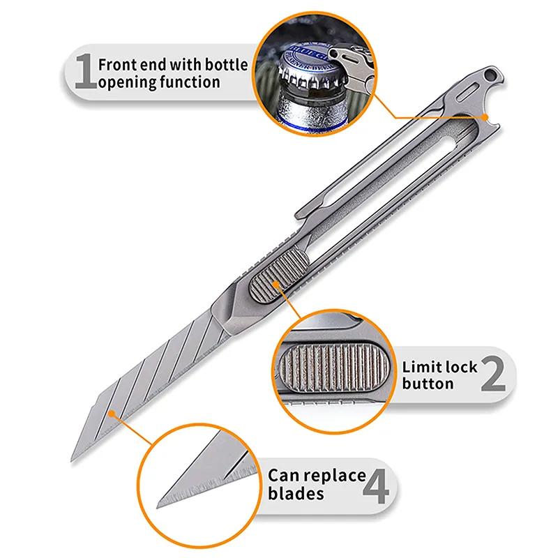 Upgrade Art Telescopic Utility Knife Titanium Alloy Handle Bottle Opener Paper Cutter Pocket Tools GIFT 10PCS Replaceable Blade