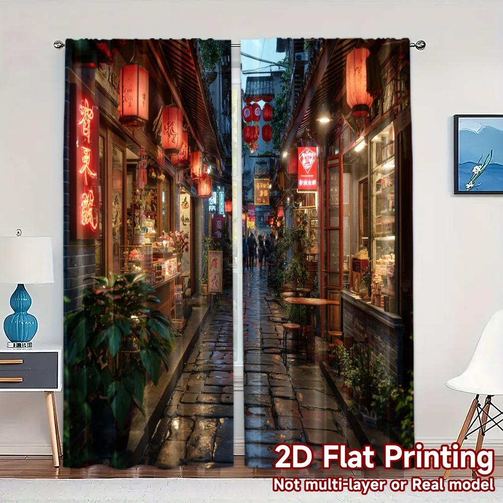 

Set Of 2 Flat Printing Curtains Without Rod Lantern Alley Chic Yarn Gifts Decorative Bedroom Living Curtain Polyester Ideal For Decor W100*H70(CM)-Grommet top&2PCS