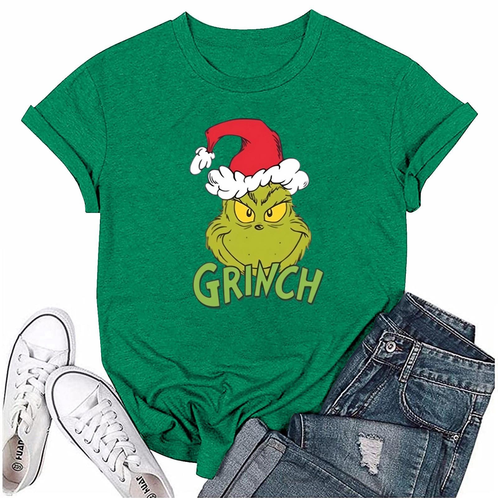 

Женский повседневный рождественский принт с короткими рукавами и круглым вырезом, свободный пуловер, топ L зелёный