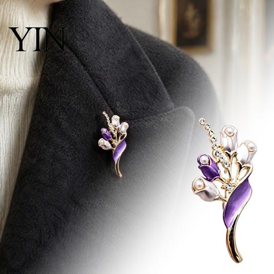 Elegant Alloy Jewelry Faux Pearl Tulip Brooch for Women, Bling Rhinestone Flower Decorative Shirt Brooches Lapel Pin, Dainty Clothing Wedding