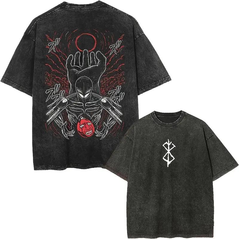 Anime Berserk Guts Logo Graphic T Shirt Men Short Sleeve Clothing Casual Cotton Tshirt Vintage Washed T-shirt Harajuku Male Tops