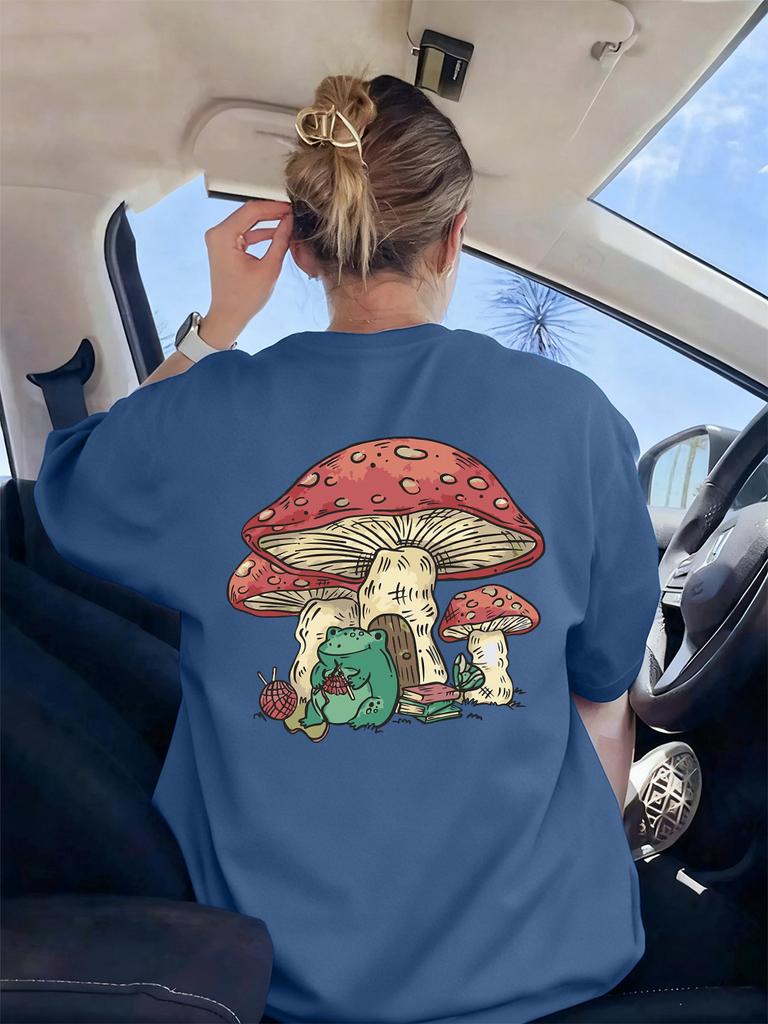Frog Under Mushroom Printing TShirt Womens Basics Loose T Shirts ONeck Soft Short Sleeve Tops Summer Comfortable Woman Clothes