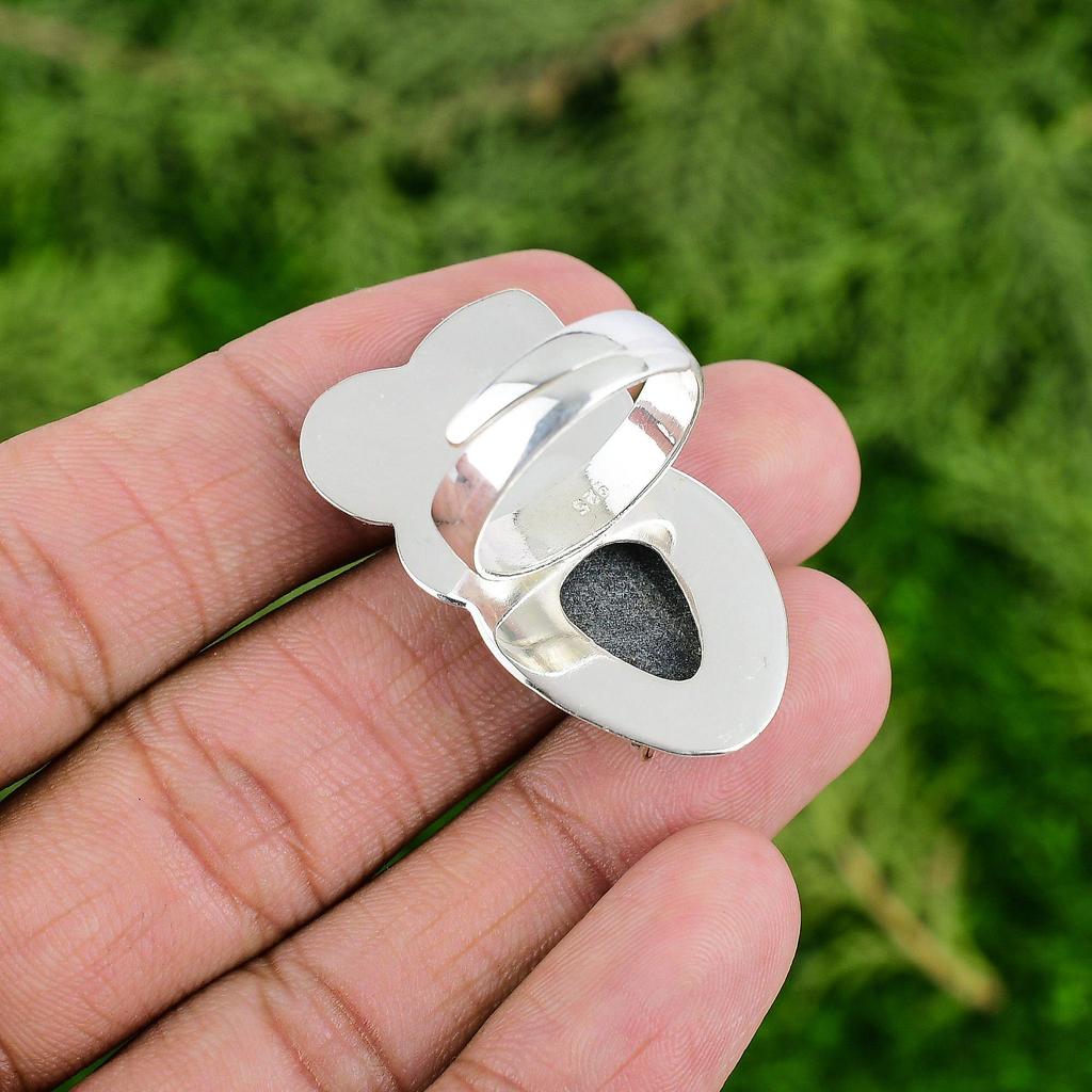 925 Silver Orthoceras Fossil Stone Art Deco Flower Promise Daughter Ring Jewelry
