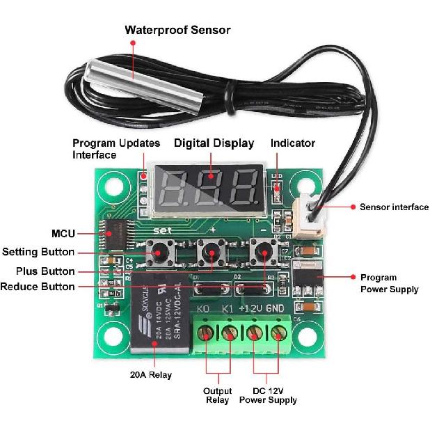 AITRIP 3 STÜCK W1209 12V DC Digitales Temperaturreglerboard mit 10A Einkanalrelais und Wasserdichtem Mikro-Digitalthermostat -50-110°C
