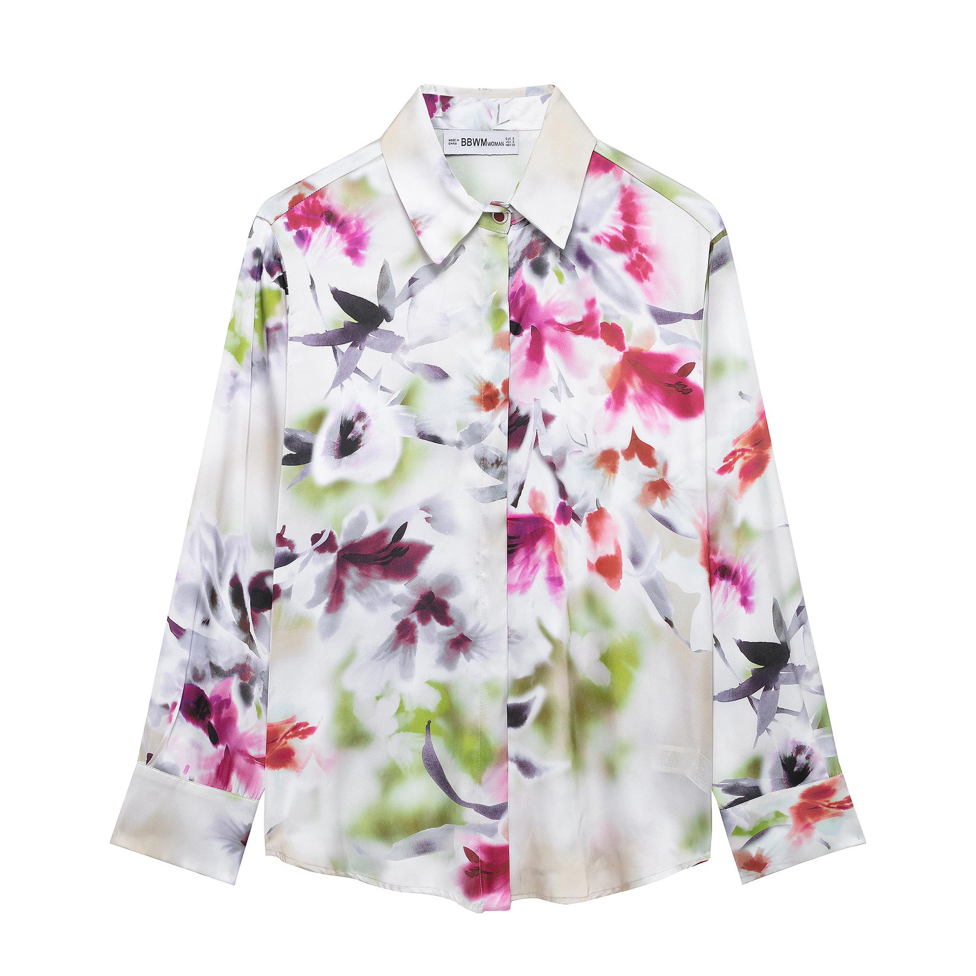 

Женская рубашка из атласа с цветочным принтом, длинный рукав, весна 2025 - европейский и американский стиль S цветочный