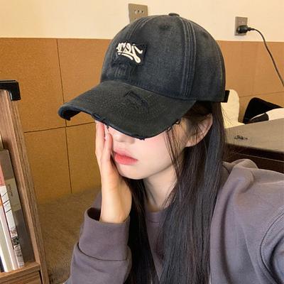 Fashion Washed Cowboy Embroidery Baseball Cap Female Sunshade Big Head Around Broken Hole Bent Brim Duck Tongue Cap Show Face Small Couple Models