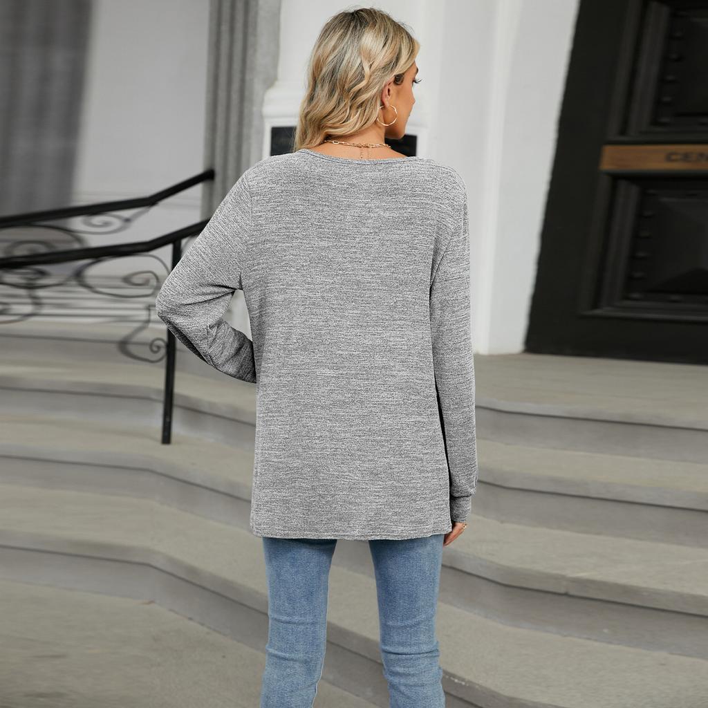 Autumn and Winter Women's Plus Size Solid Color Wrinkled Frayed Milled Hollowed Loose Long Sleeve Top