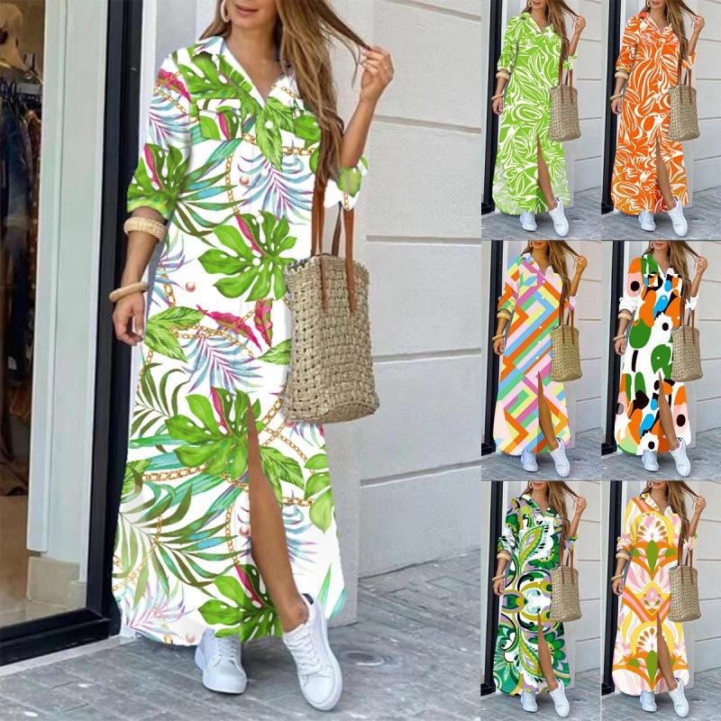 Dames Casual Dagelijkse Lange Mouw Omgeslagen Kraag Jurk Knopen Kettingen Print Mode Streetwear Jurk Losse Lange Jurk