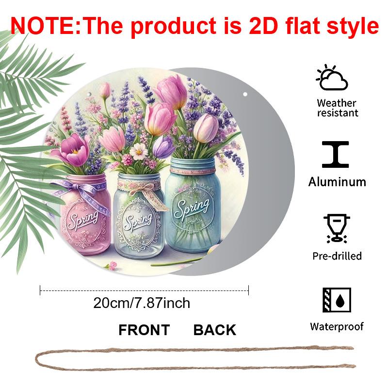 

2D Flat 1pc Spring Pastoral Vase Aluminum Sign Round Decorative Hanging Ornament, Home Kitchen Garden Balcony Fence Decor, Gardening Studio Decor 1pc