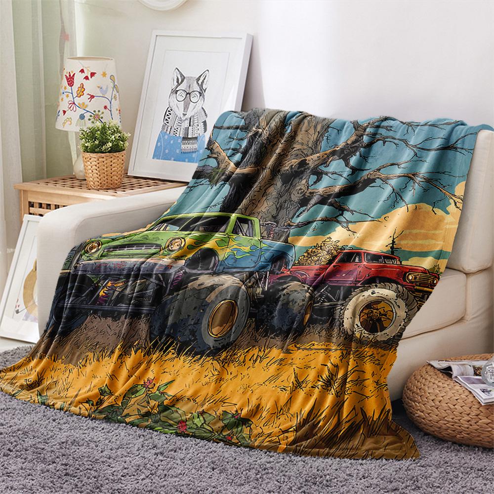 Truck Print Flannel Blanket, High Quality Comfortable for All Seasons, Home Decor, Warmth and Comfort, Perfect for Christmas Gifts