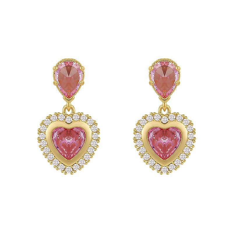 Super flash pink love zircon earrings sweet less design earrings spring and summer jewelry earrings versatile stud earrings