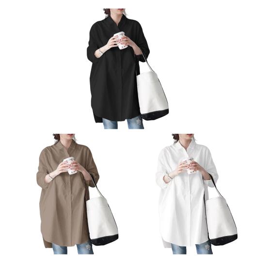 Women Shirt Lapel Long Sleeve Single Breasted Shirt Tops Solid Color Mid-length Irregular Shirt Tops Work Wear