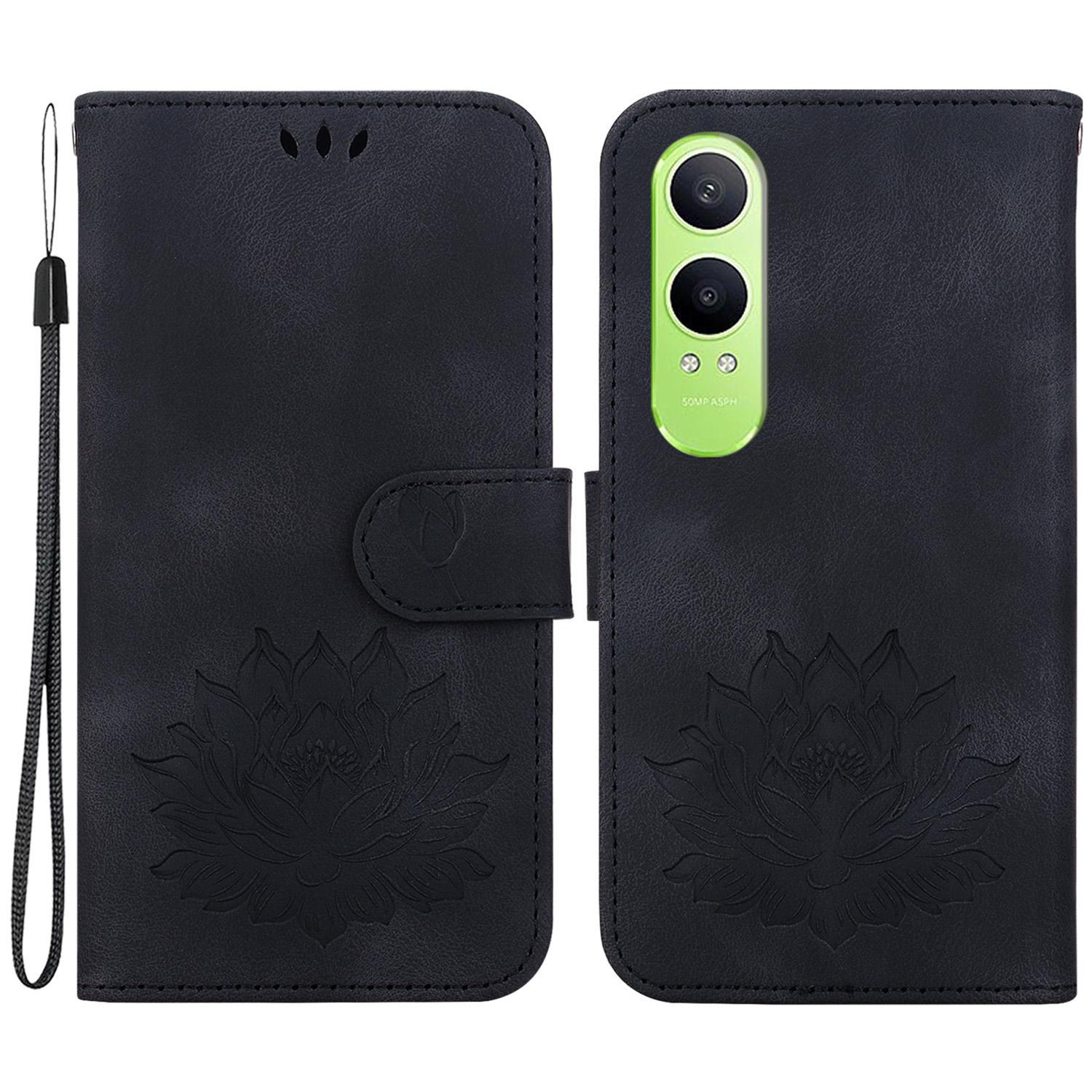 

For OnePlus Nord CE4 Lite 5G/Oppo K12x 5G (China) Phone Case Lotus Imprint Leather Stand Wallet Cover Black