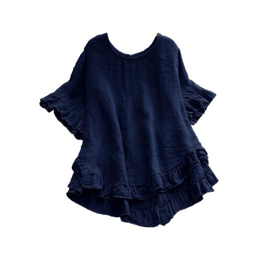 Women Tops Round Neck Short Sleeve Loose Fit Pullover Tops Pure Color Ruffle Hem