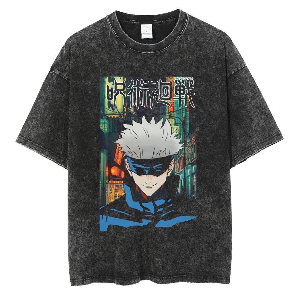 Anime Jujutsu Kaisen Gojo Satoru Fushiguro Toji Print Tee Men Washed Cotton Tshirts Casual Manga T Shirt Harajuku Male T-shirt