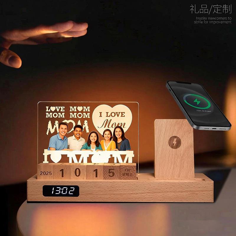 Photo Acrylic Night Light Custom Picture LED Lamp with Wooden Base for Mother's Day Father's Day Birthday Gifts Home Decor