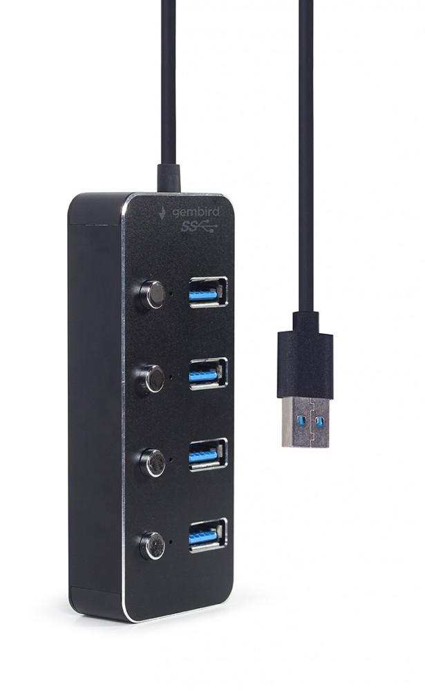 HUB USB black 4xUSB3.1 switches on/off