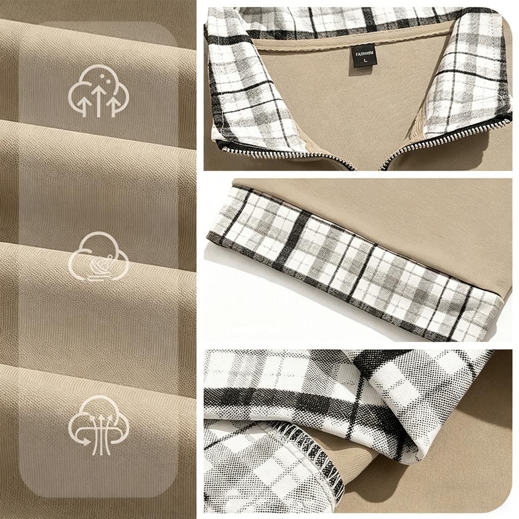 Men's Short Sleeve Polo Shirt with Half Zip Collar Layered Look Casual Loose Fit Big Size Plaid Pattern