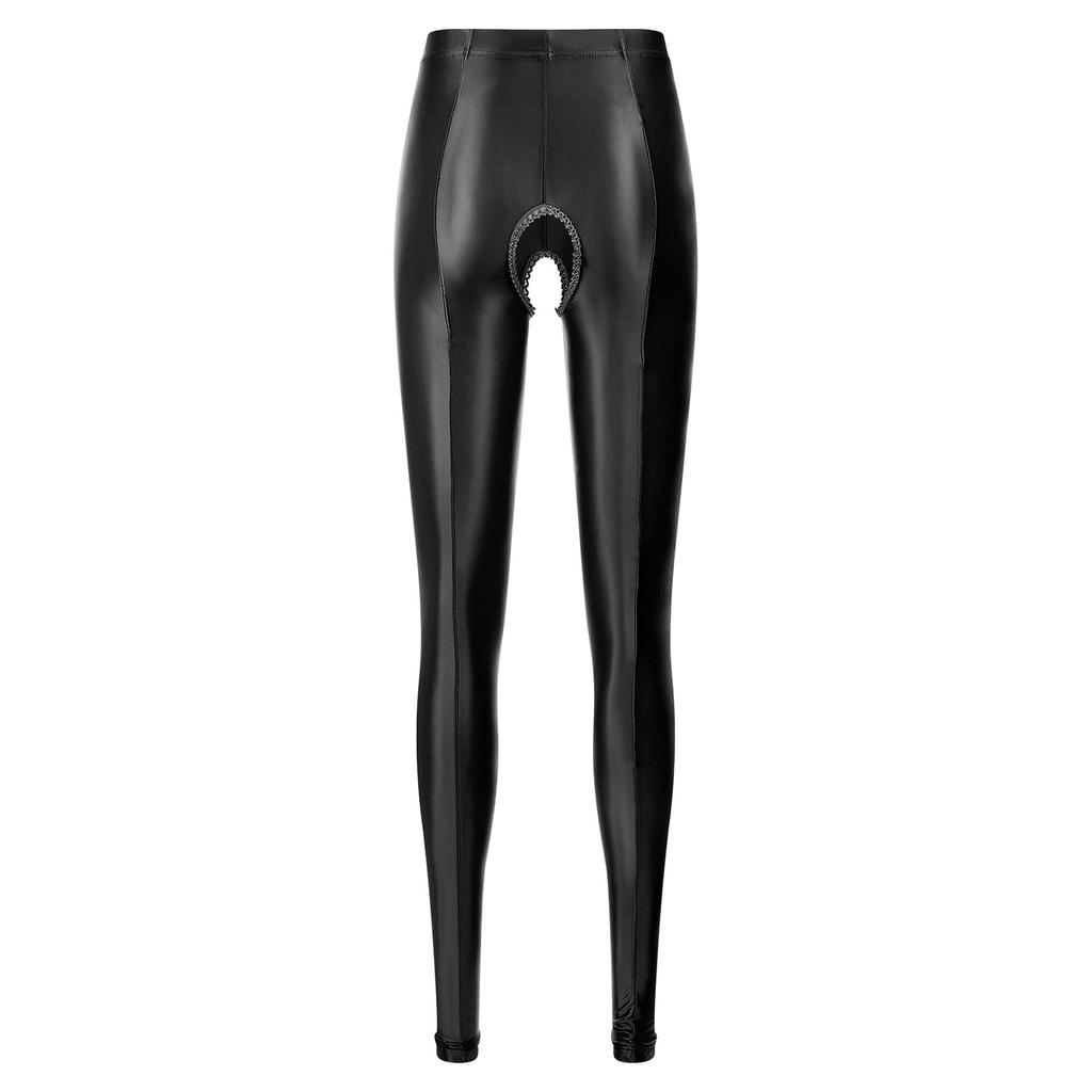 Womens Glossy Stretchy Open Crotch Leggings Solid Color Elastic Waistband Skinny Pants