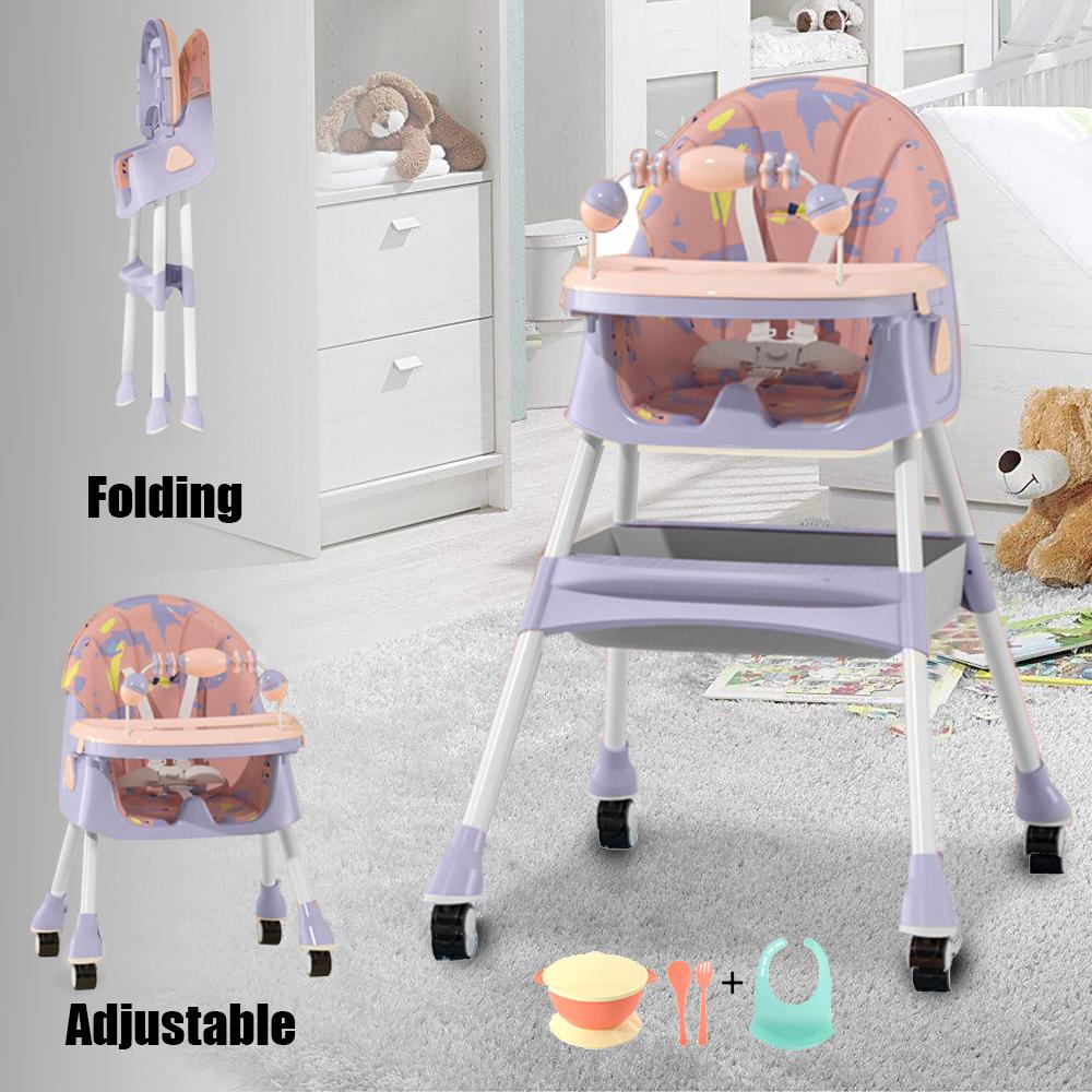 Foldable Baby High Chair 4-in-1 Foldable Reclining Feeding Table Chair Seat 7 Heights With Toyrack Easy To Clean Feeding