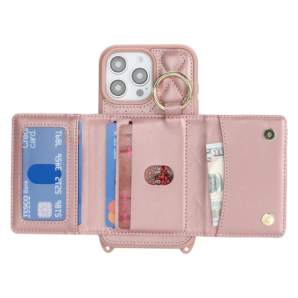 For iPhone 14 Pro Case with Lanyard/Mirror/Card Holder Grids Pattern RFID Blocking Phone Cover