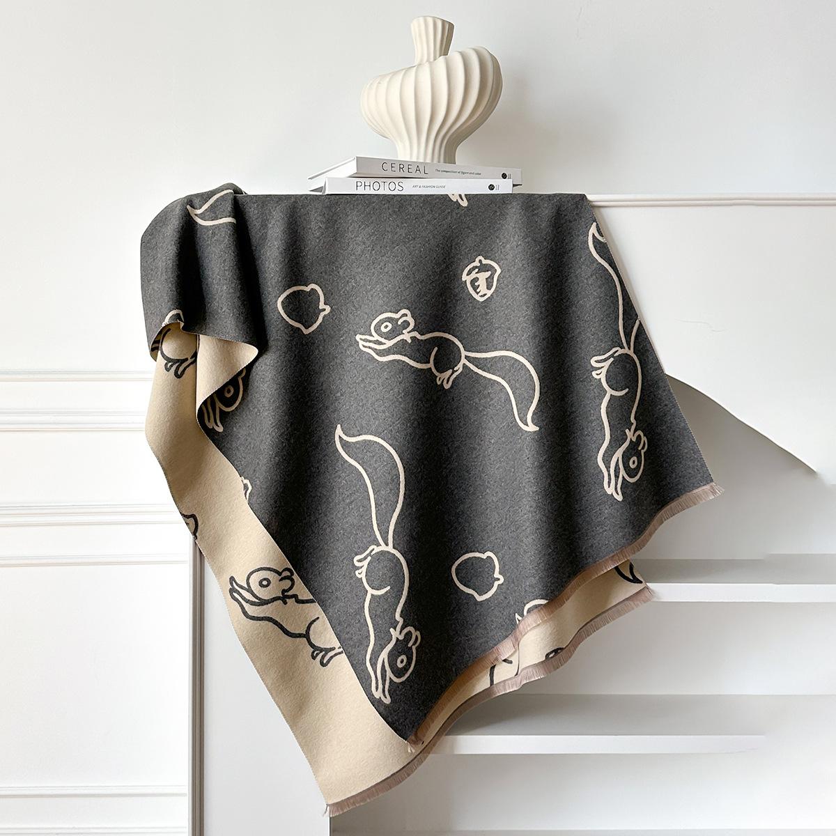 

Мягкий и теплый шарф с бахромой из искусственного кашемира с принтом орехов и белок, высококачественный женский шарф-шаль 185x65cm серый