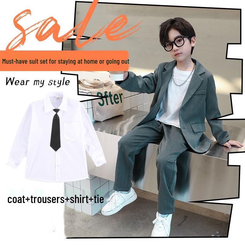 High Street Handsome Three-Piece Boy's Suit: White Long-Sleeve Shirt & Street Style Casual Set for Kids