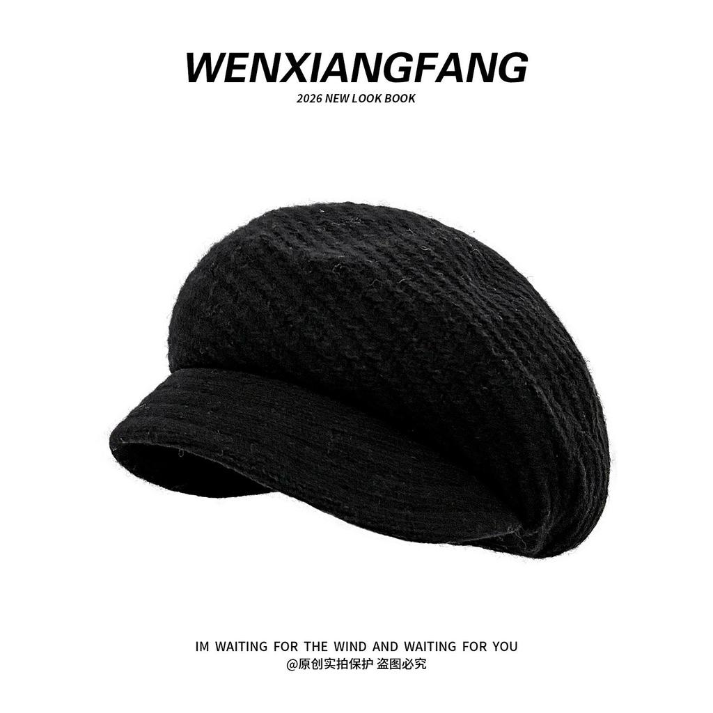 Wool knitted short-brimmed beret women's autumn and winter fashion warm big head circumference pile hat painter newsboy hat